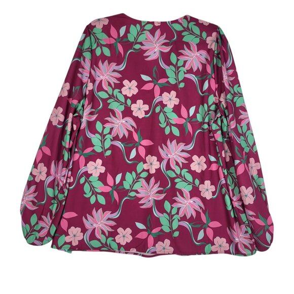 Cotton Bleu Top Blouse Women's XL Pink Floral Boho Balloon Sleeves Silky Peasant - Picture 2 of 7